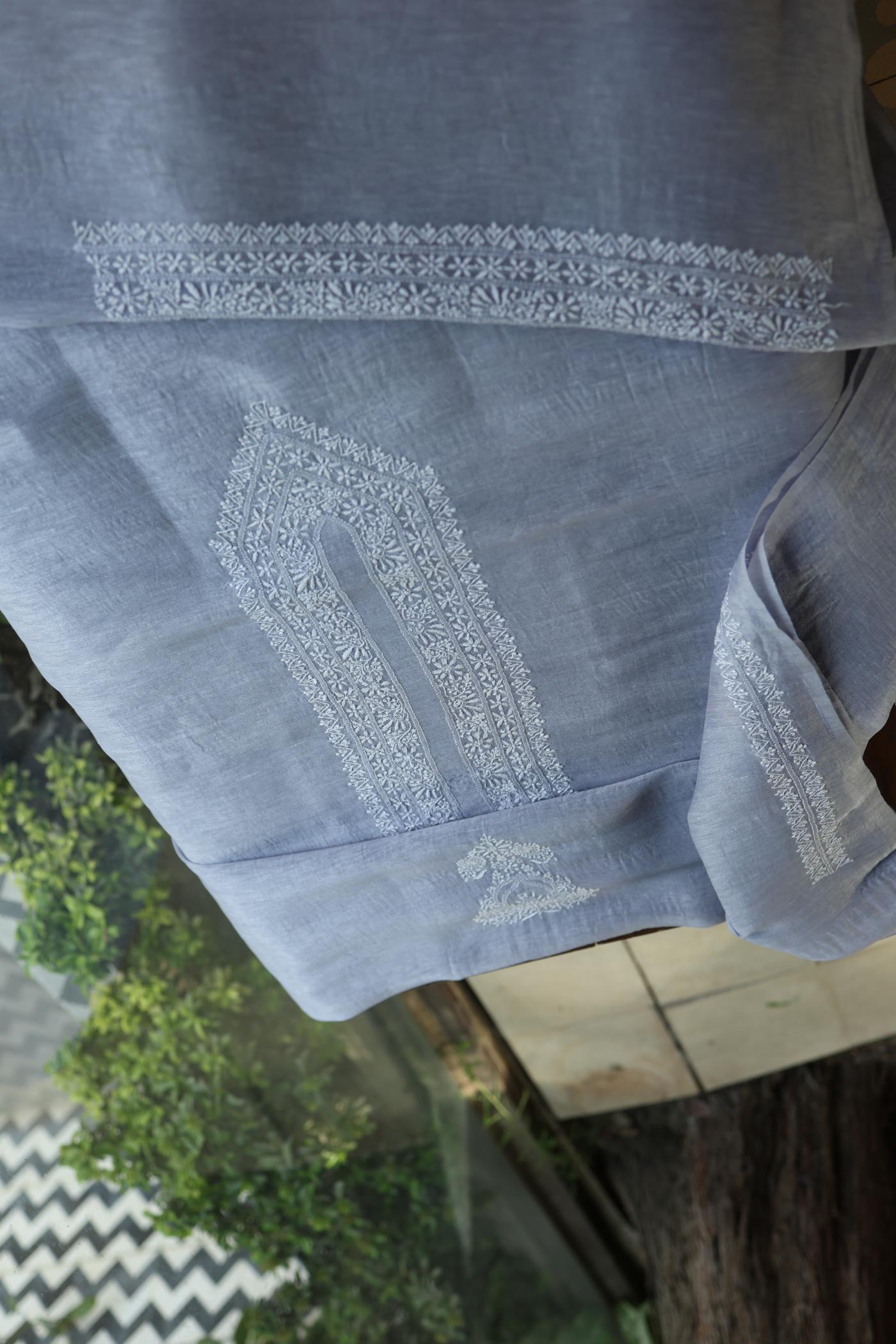 Soft Grey Linen Chikankari Unstitched Men's Kurtas Fabric