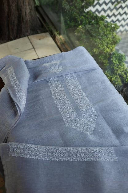 Soft Grey Linen Chikankari Unstitched Men's Kurtas Fabric