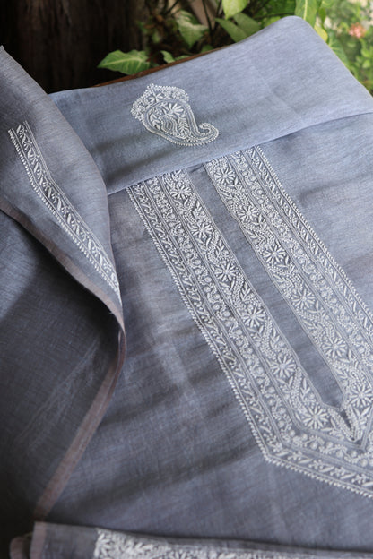 Grey Linen Chikankari Unstitched Men's Kurtas Fabric