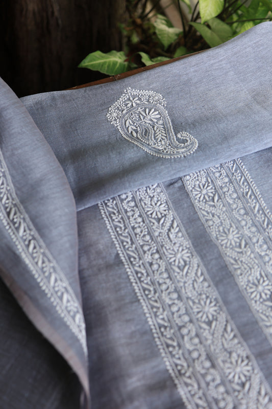 Grey Linen Chikankari Unstitched Men's Kurtas Fabric