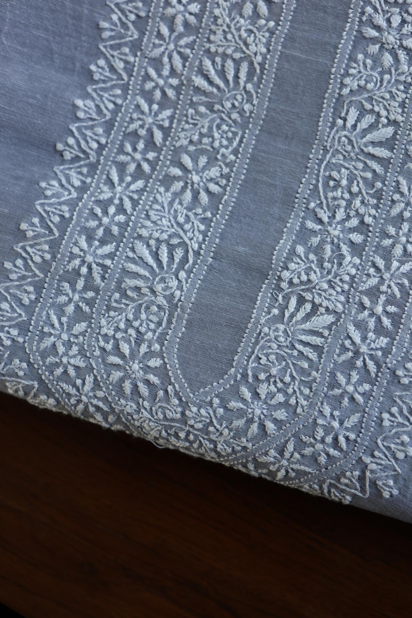 Soft Grey Linen Chikankari Unstitched Men's Kurtas Fabric