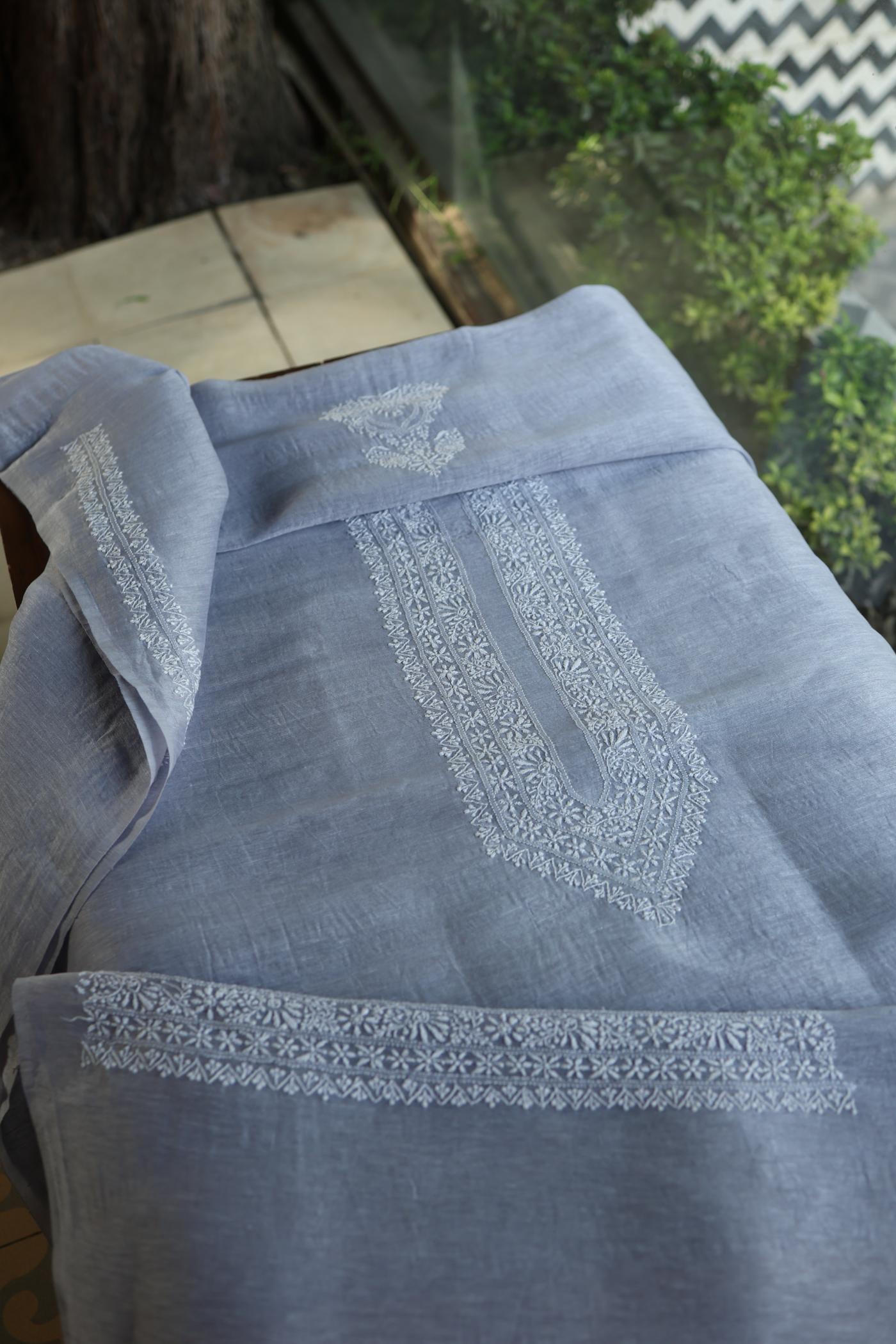 Soft Grey Linen Chikankari Unstitched Men's Kurtas Fabric
