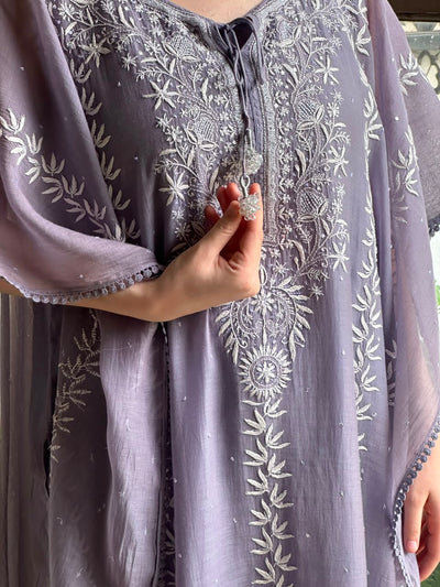 Grey Malmal Sequinned Chikankari Kaftan