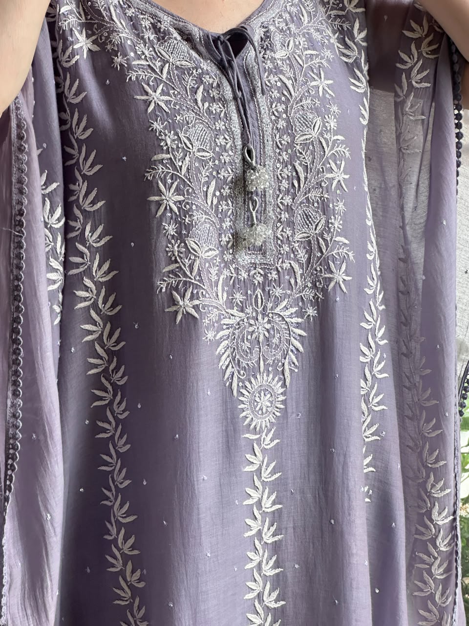 Grey Malmal Sequinned Chikankari Kaftan