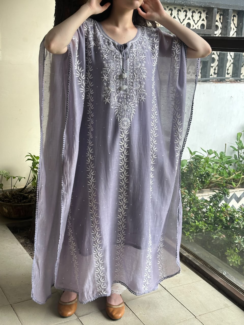 Grey Malmal Sequinned Chikankari Kaftan