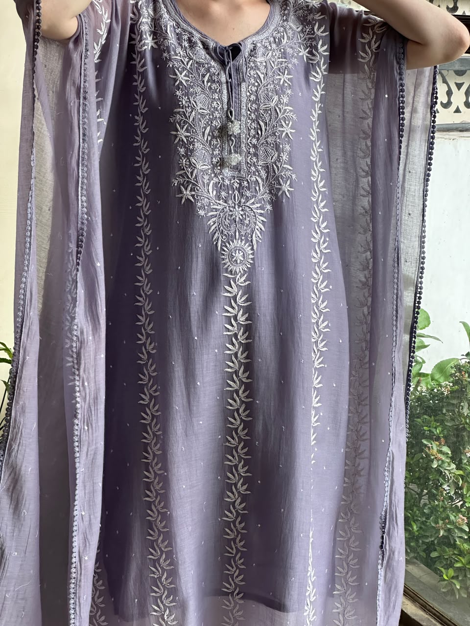 Grey Malmal Sequinned Chikankari Kaftan