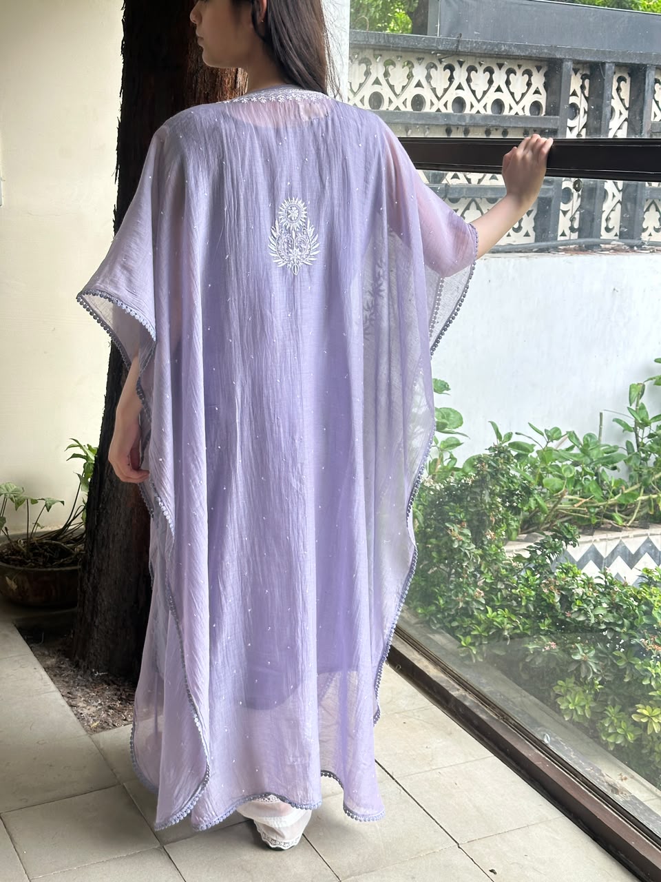 Grey Malmal Sequinned Chikankari Kaftan
