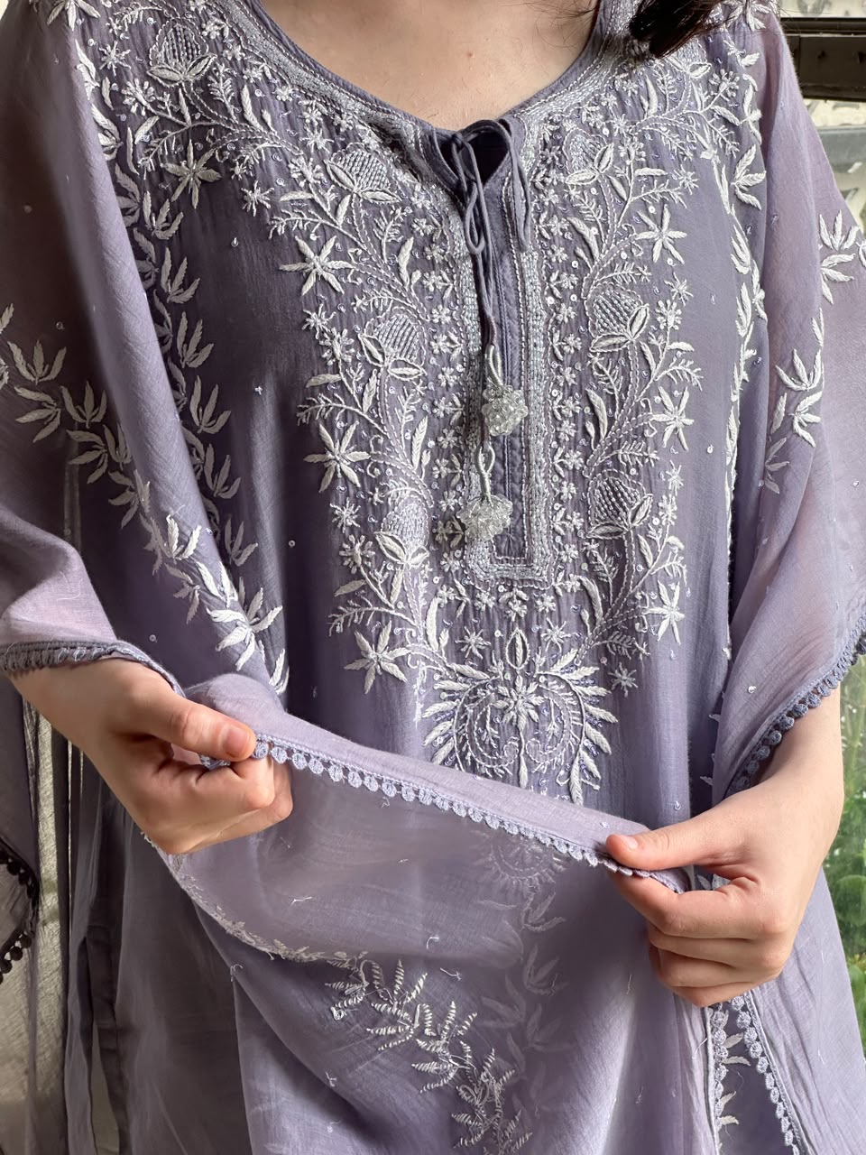 Grey Malmal Sequinned Chikankari Kaftan