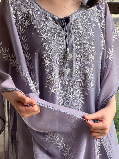 Grey Malmal Sequinned Chikankari Kaftan