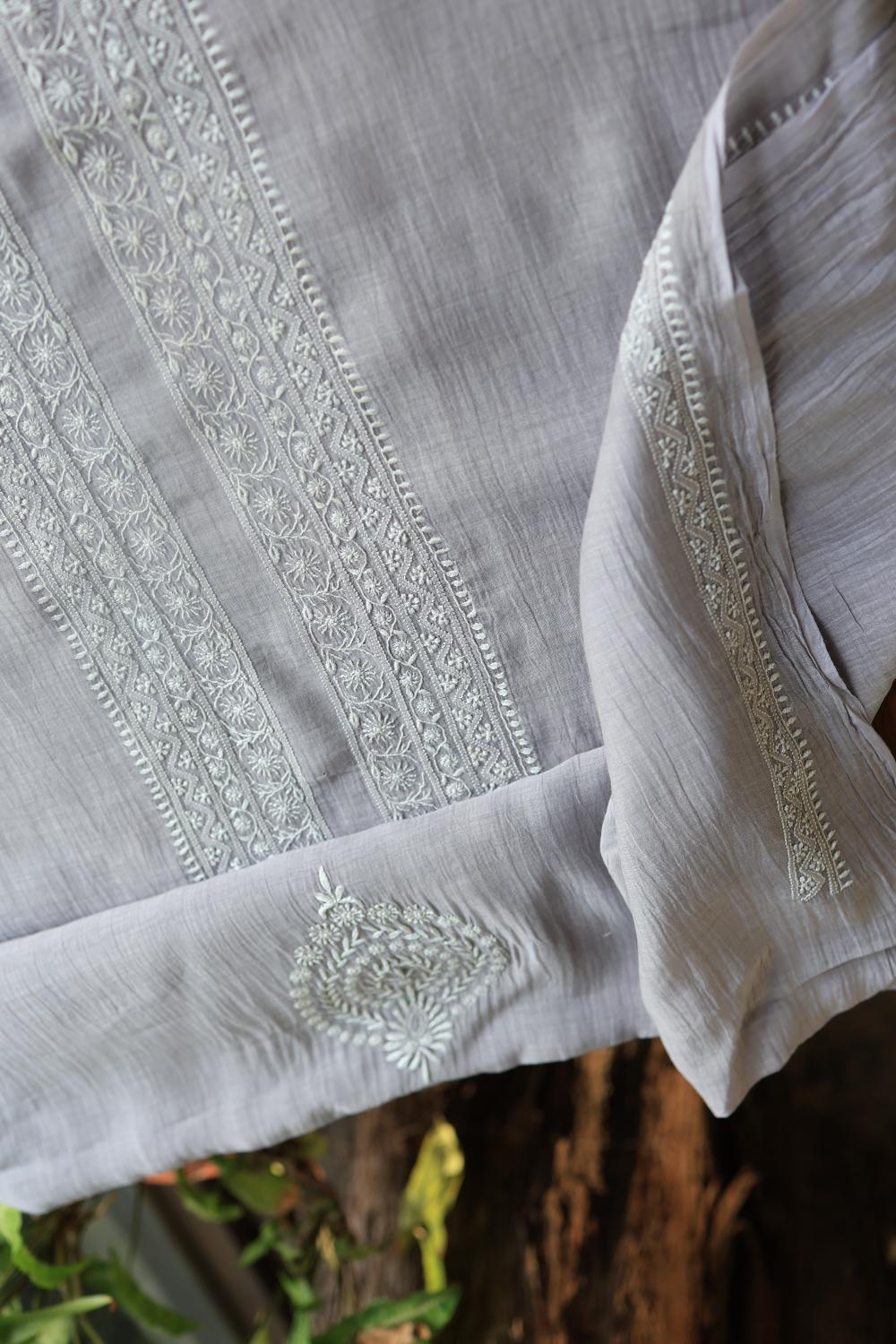 Grey Mulmul Chikankari Unstitched Men's Kurtas Fabric