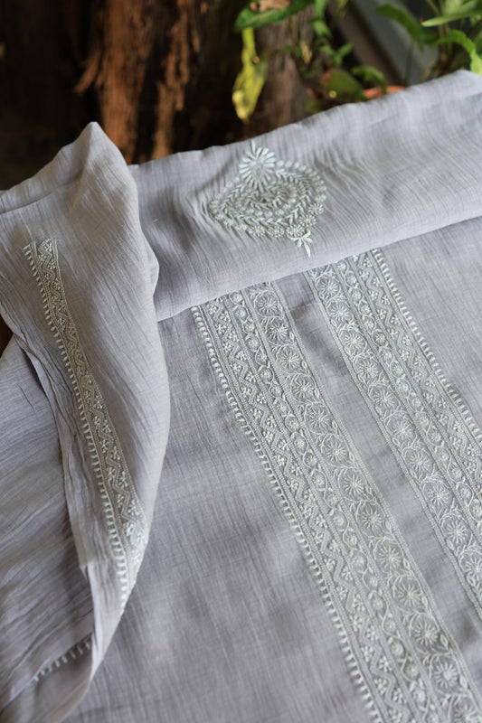 Grey Mulmul Chikankari Unstitched Men's Kurtas Fabric