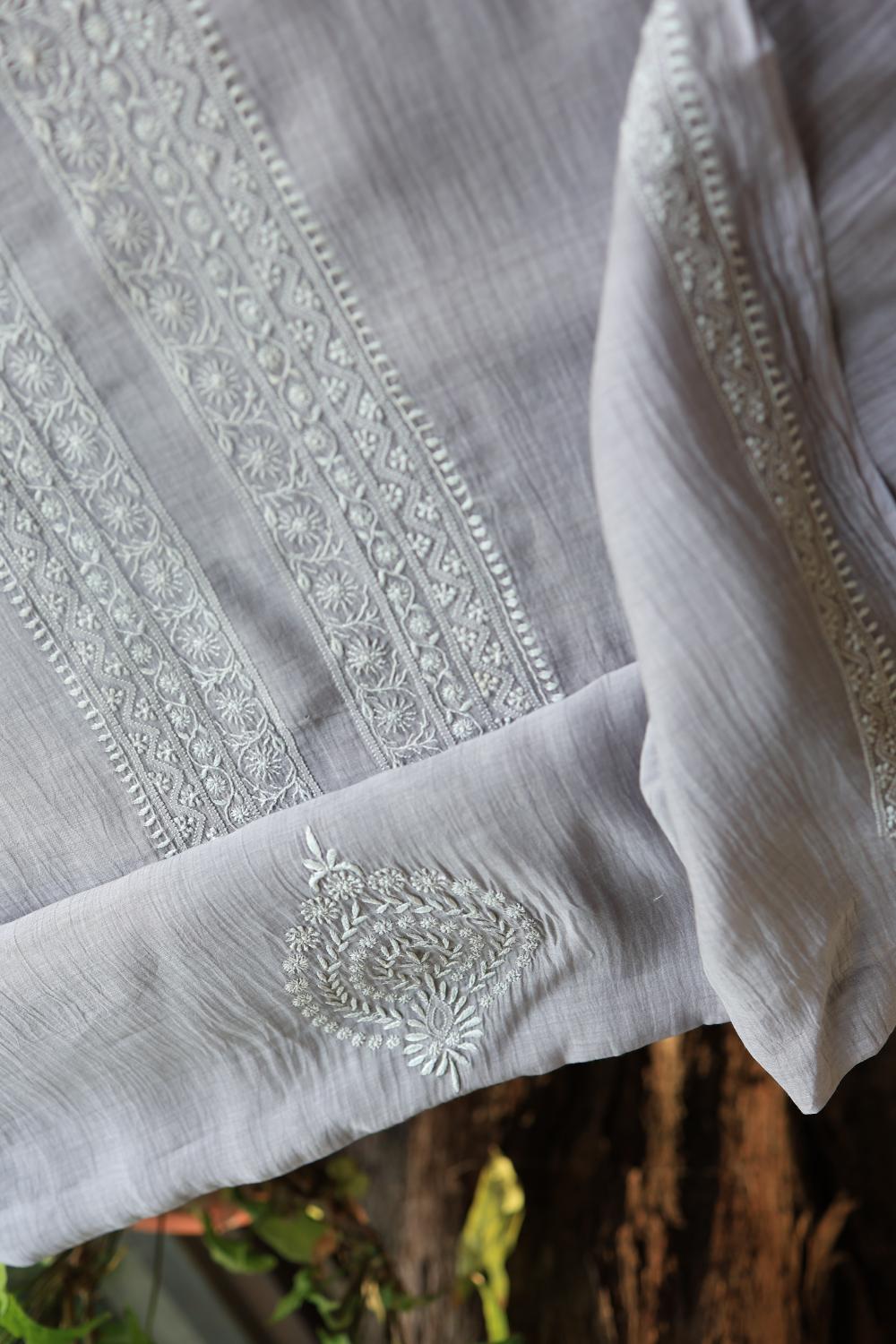 Grey Mulmul Chikankari Unstitched Men's Kurtas Fabric