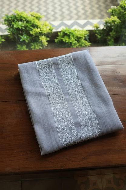 Grey Mulmul Chikankari Unstitched Men's Kurtas Fabric