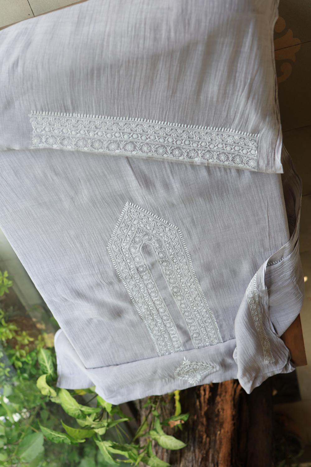 Grey Mulmul Chikankari Unstitched Men's Kurtas Fabric