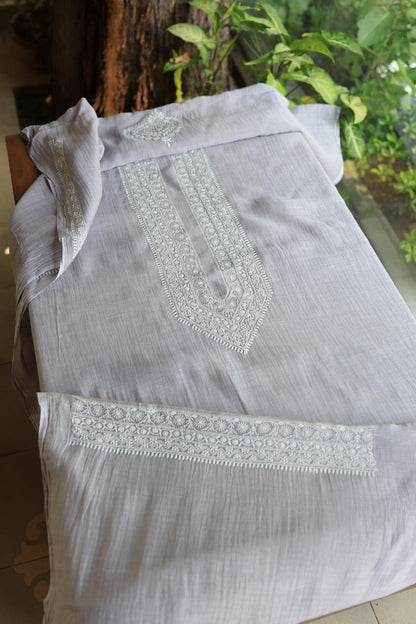 Grey Mulmul Chikankari Unstitched Men's Kurtas Fabric