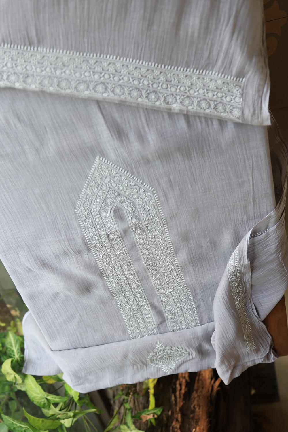 Grey Mulmul Chikankari Unstitched Men's Kurtas Fabric