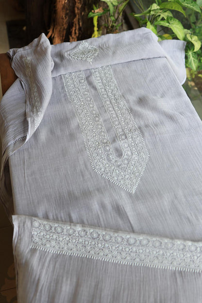 Grey Mulmul Chikankari Unstitched Men's Kurtas Fabric