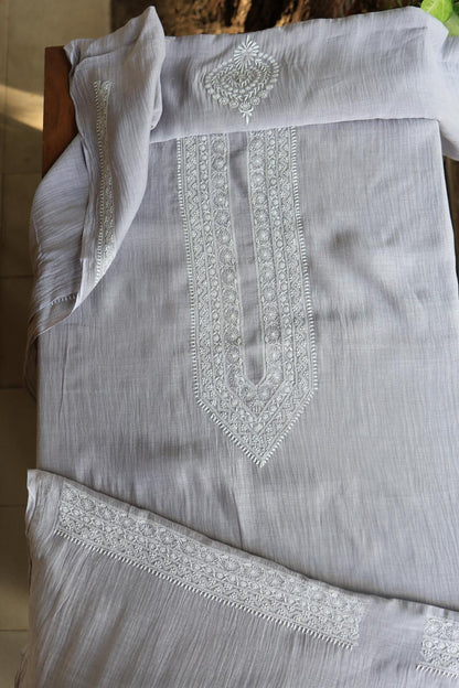 Grey Mulmul Chikankari Unstitched Men's Kurtas Fabric