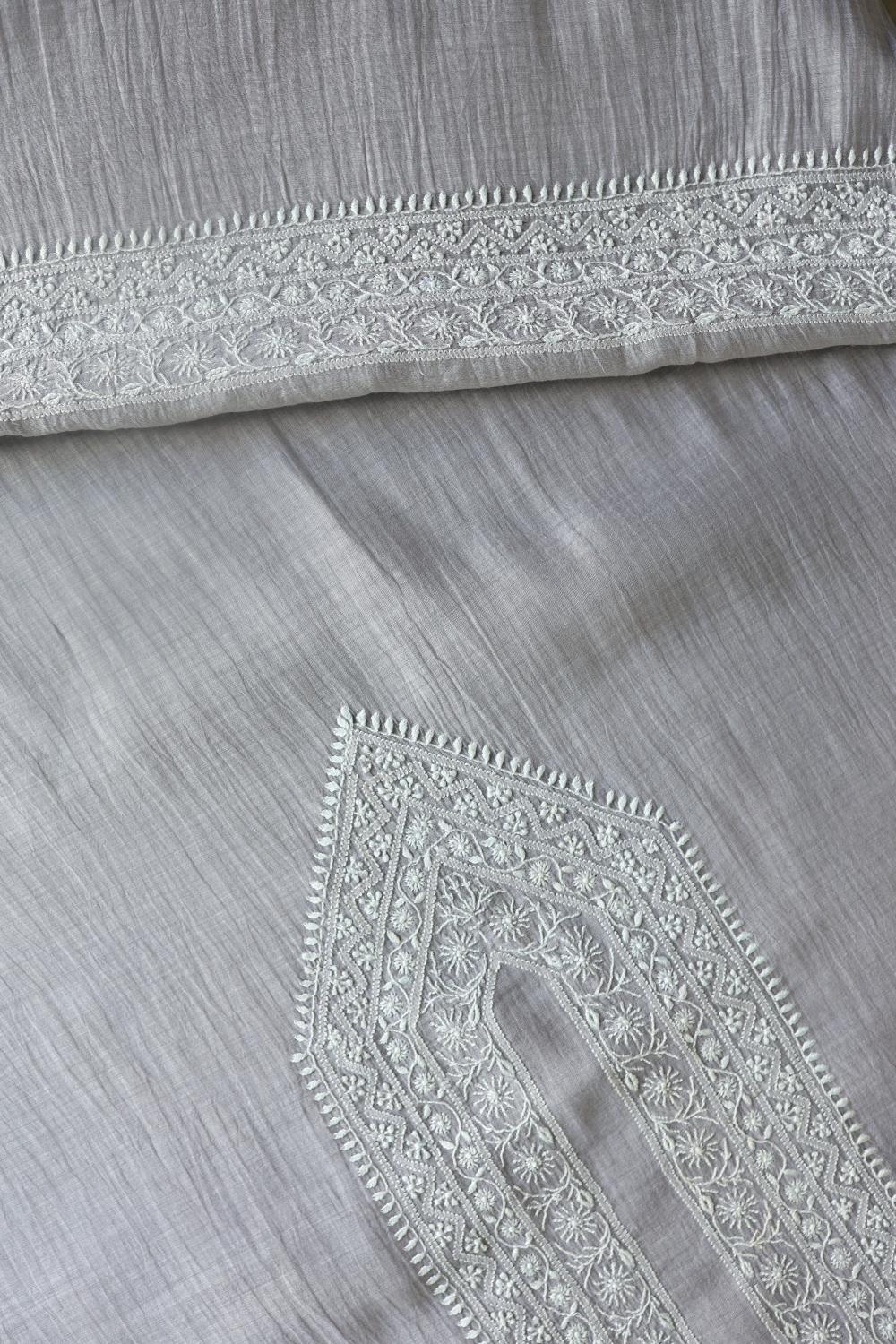 Grey Mulmul Chikankari Unstitched Men's Kurtas Fabric
