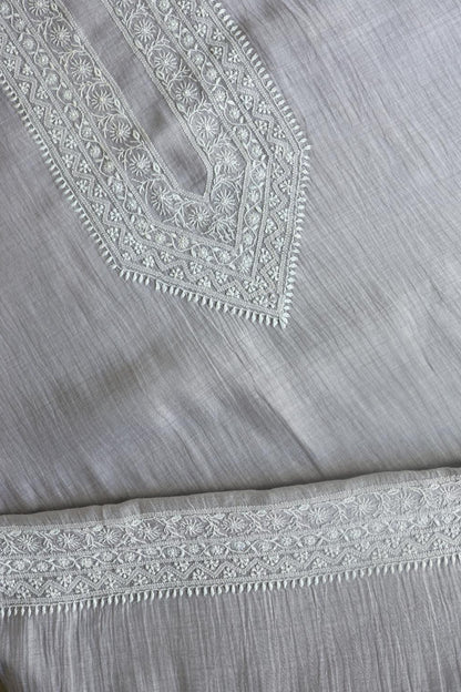 Grey Mulmul Chikankari Unstitched Men's Kurtas Fabric
