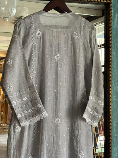 Grey Mulmul Pearl White Chikankari Ready to Wear Kurta Set