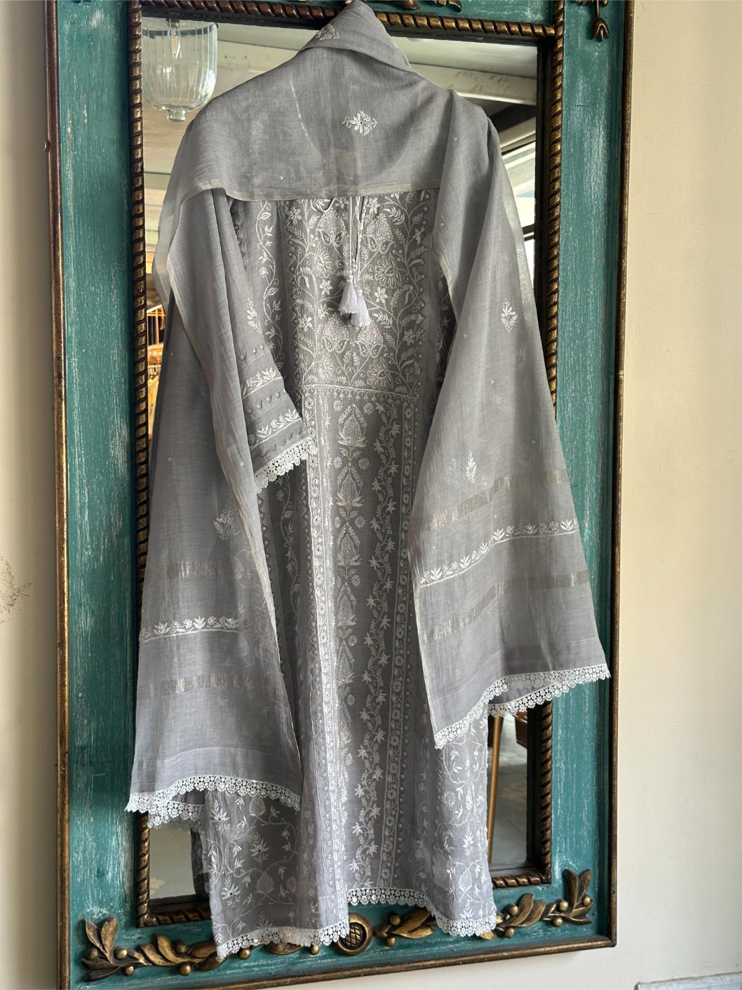 Grey Mulmul Pearl White Chikankari Ready to Wear Kurta Set