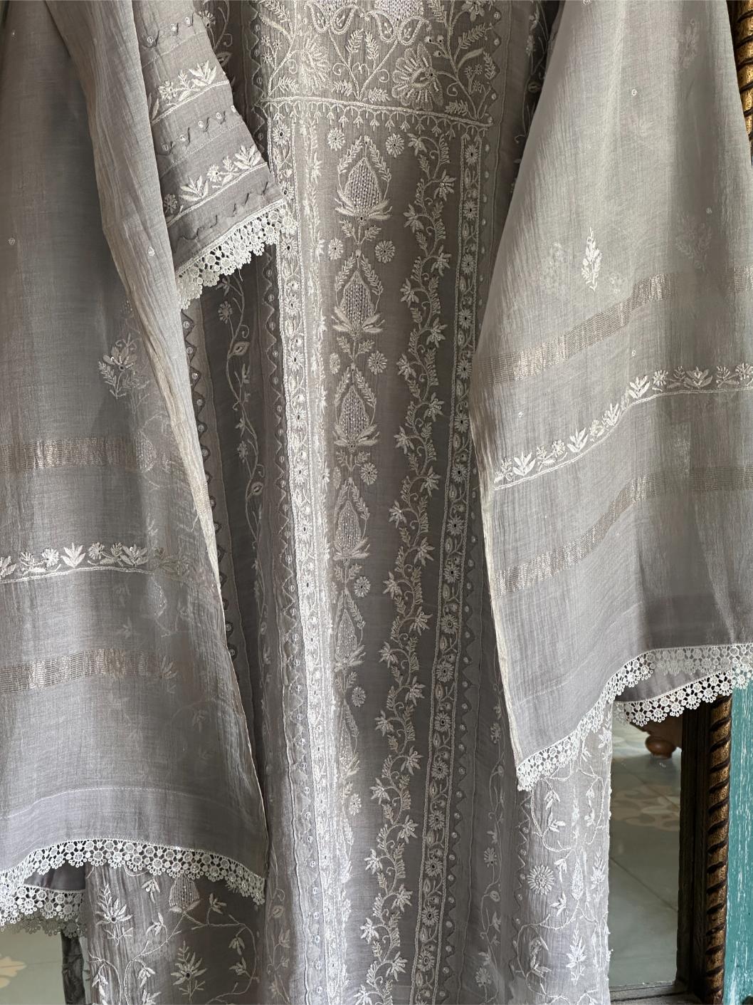 Grey Mulmul Pearl White Chikankari Ready to Wear Kurta Set