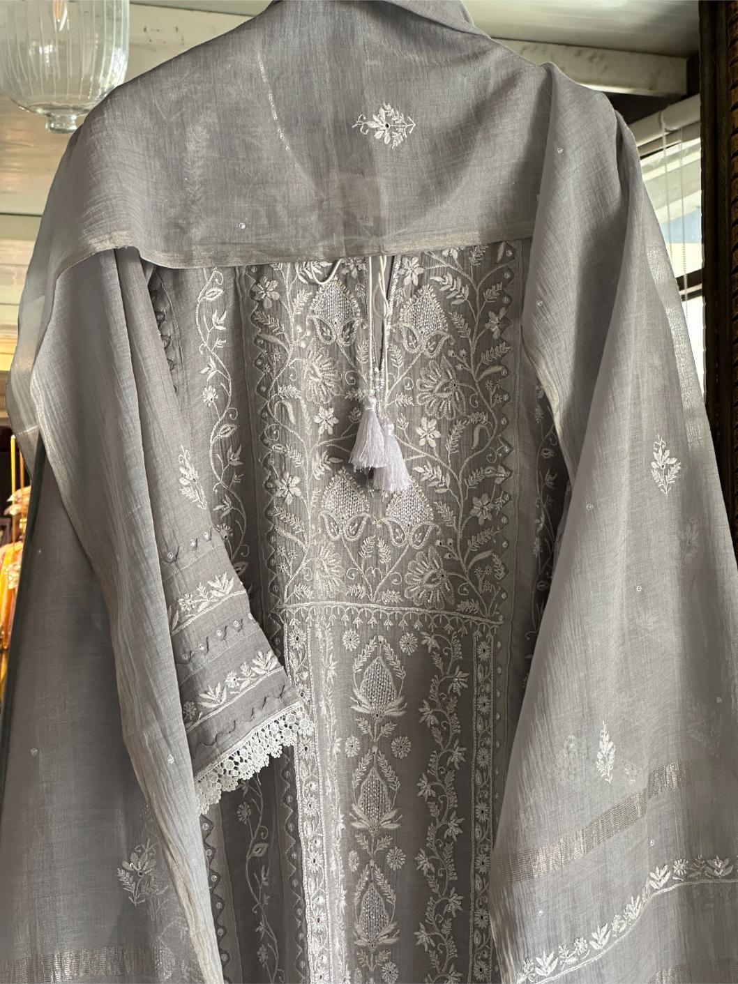 Grey Mulmul Pearl White Chikankari Ready to Wear Kurta Set