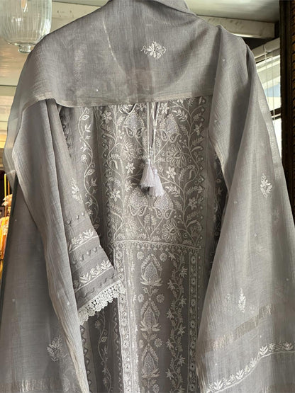 Grey Mulmul Pearl White Chikankari Ready to Wear Kurta Set