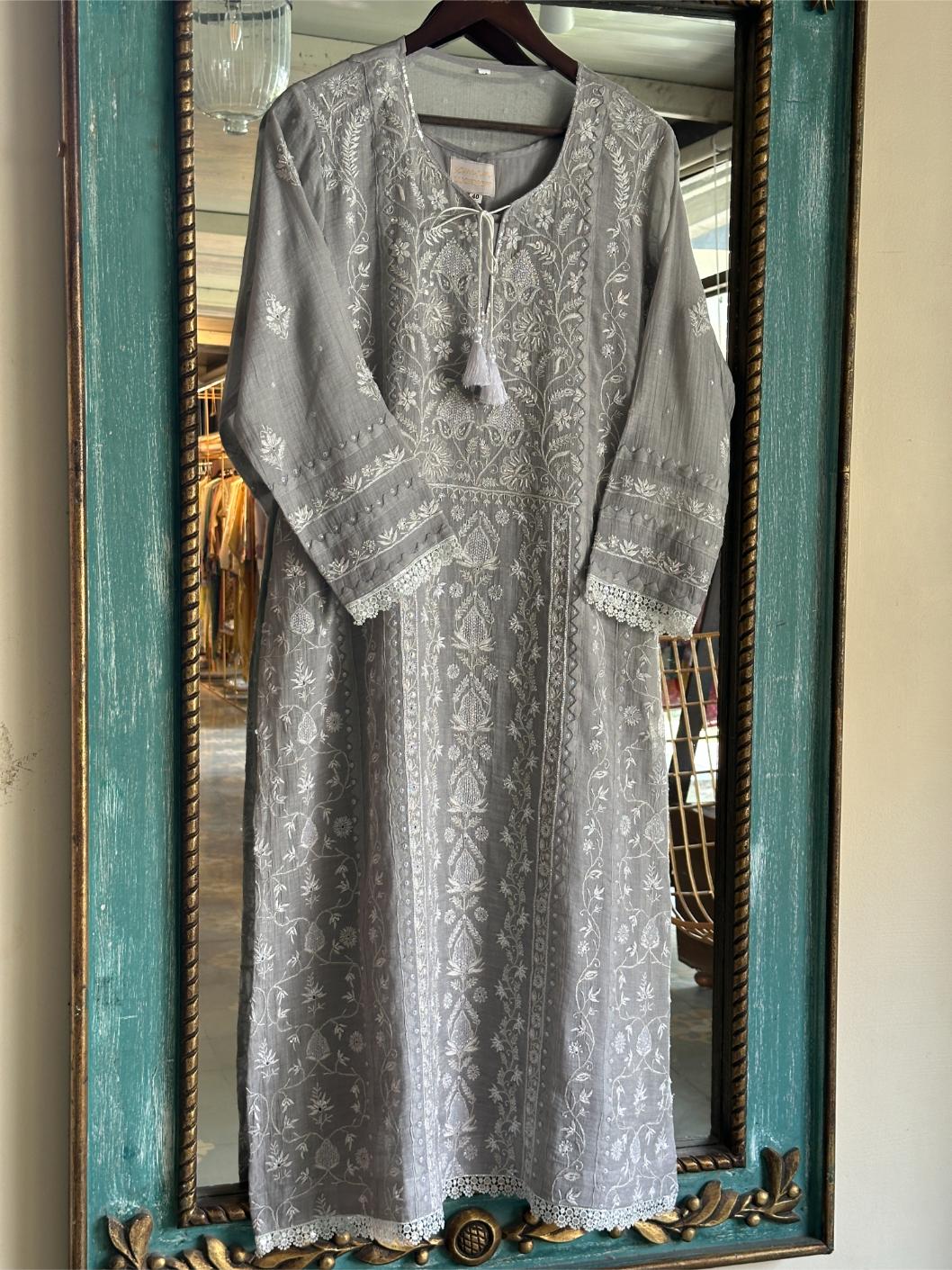 Grey Mulmul Pearl White Chikankari Ready to Wear Kurta Set