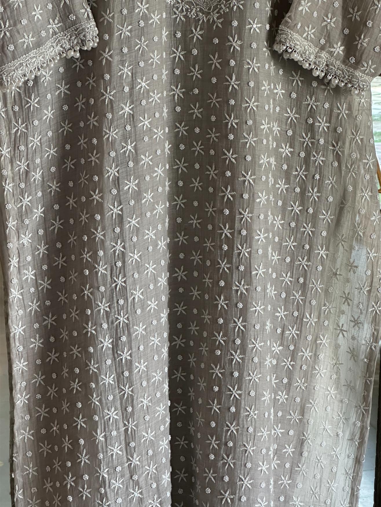 Grey Mulmul Pearl White Chikankari Ready to Wear Kurta Set