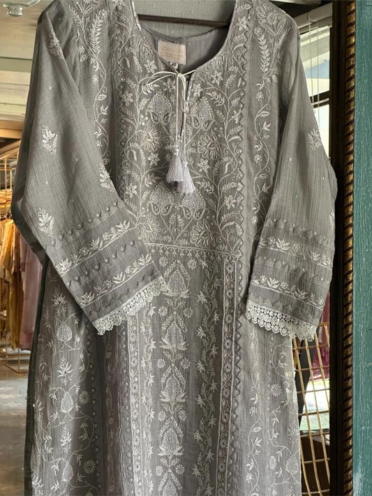 Grey Mulmul Pearl White Chikankari Ready to Wear Kurta Set