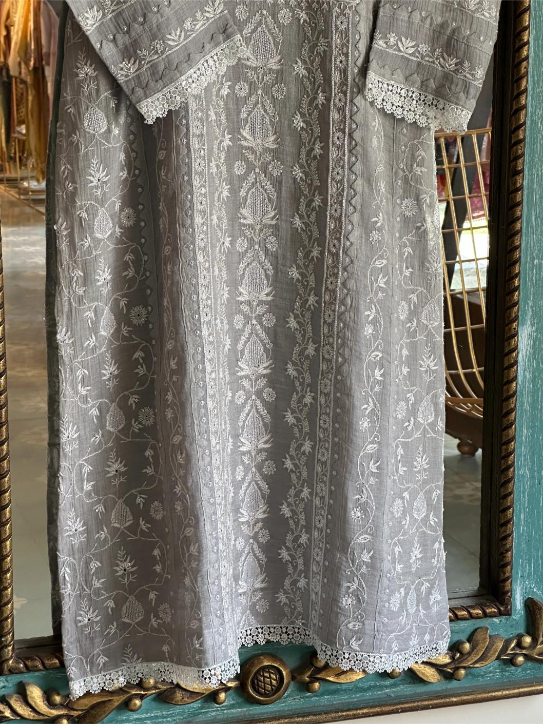 Grey Mulmul Pearl White Chikankari Ready to Wear Kurta Set