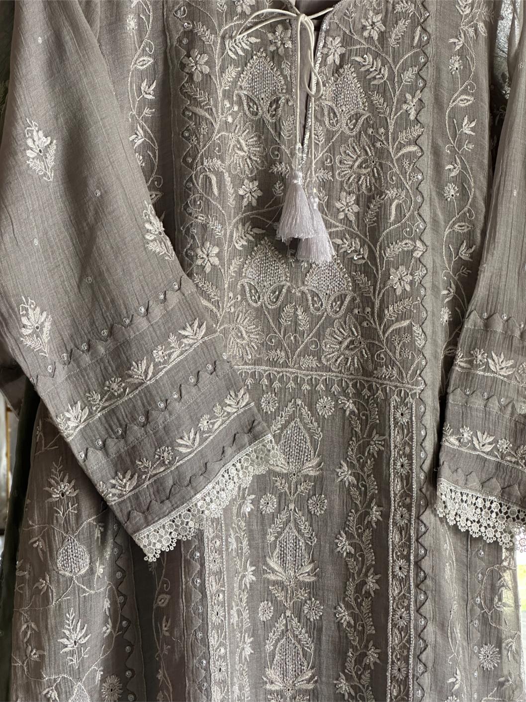 Grey Mulmul Pearl White Chikankari Ready to Wear Kurta Set
