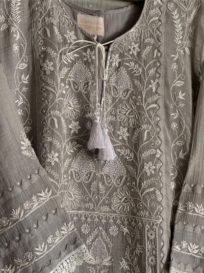 Grey Mulmul Pearl White Chikankari Ready to Wear Kurta Set