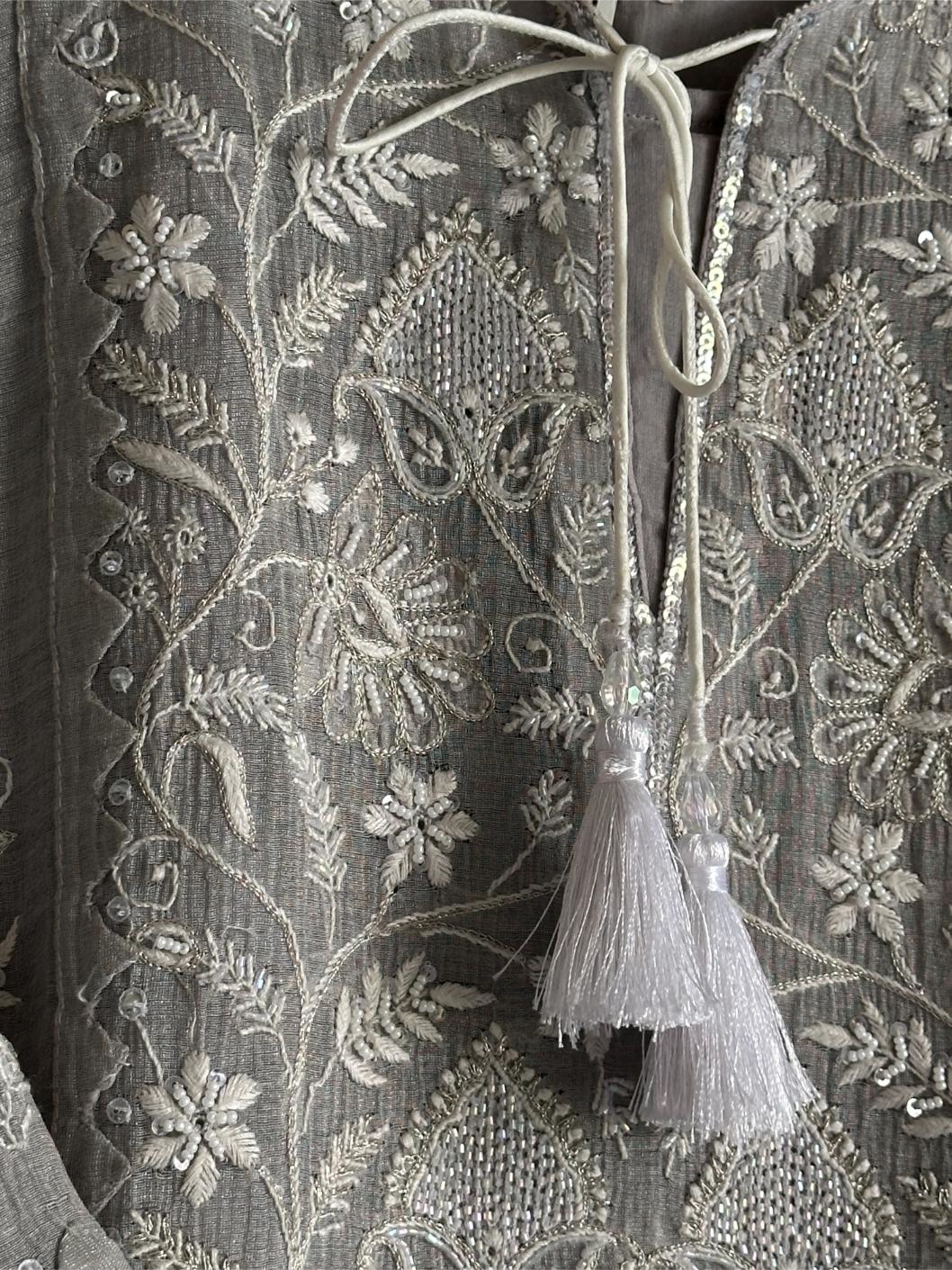 Grey Mulmul Pearl White Chikankari Ready to Wear Kurta Set