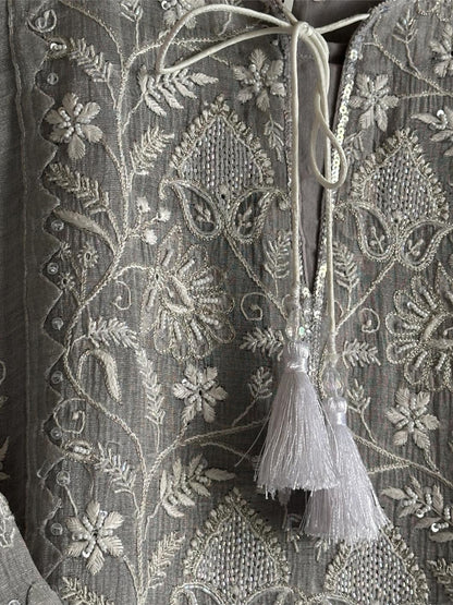 Grey Mulmul Pearl White Chikankari Ready to Wear Kurta Set