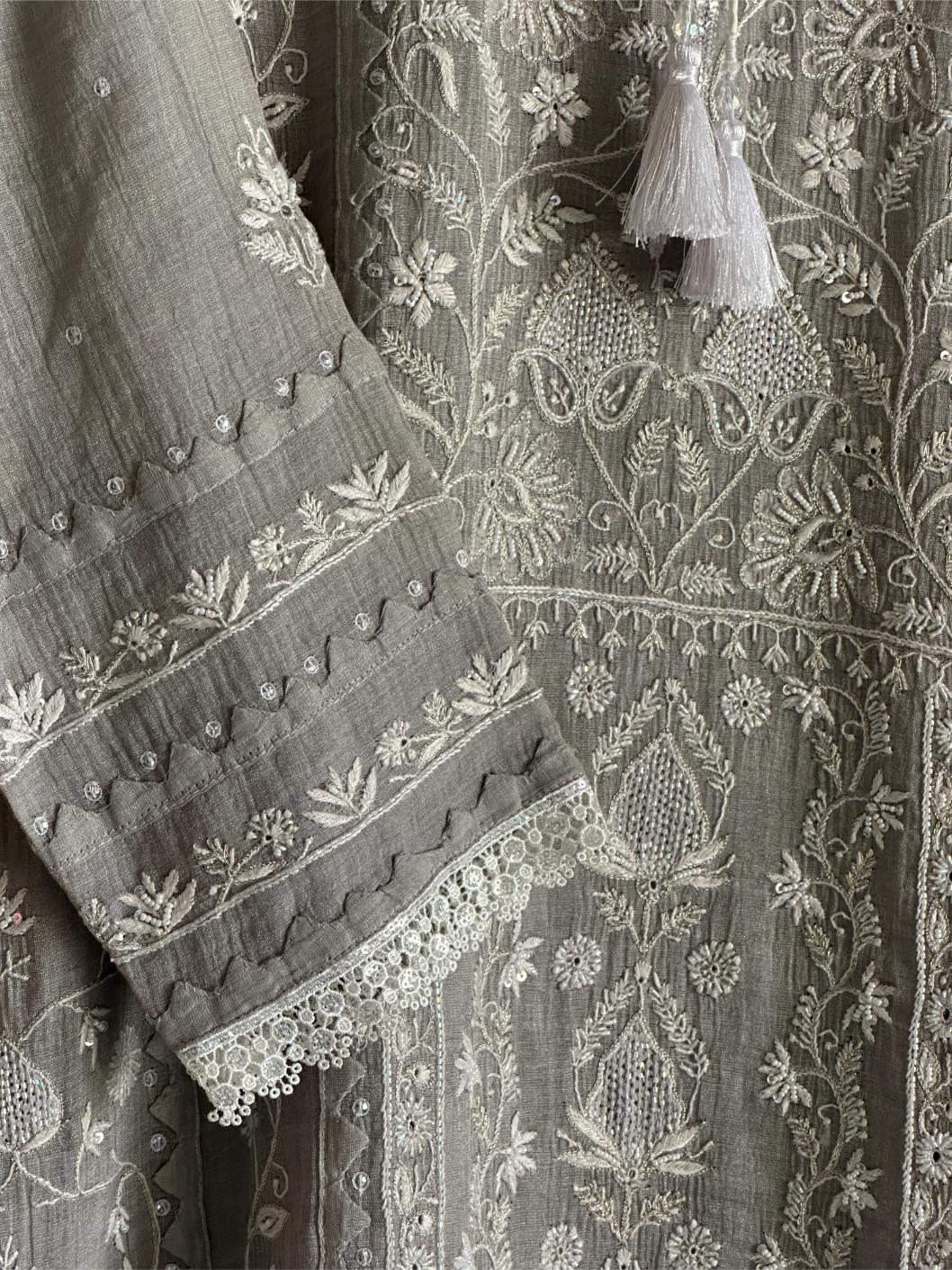 Grey Mulmul Pearl White Chikankari Ready to Wear Kurta Set