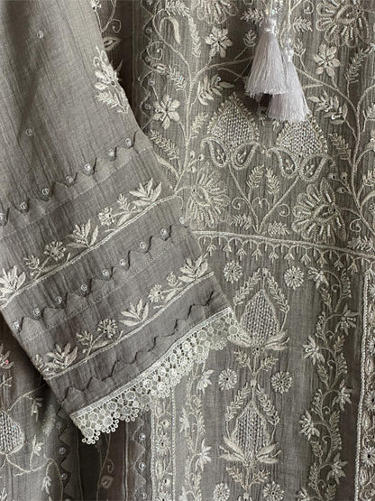Grey Mulmul Pearl White Chikankari Ready to Wear Kurta Set