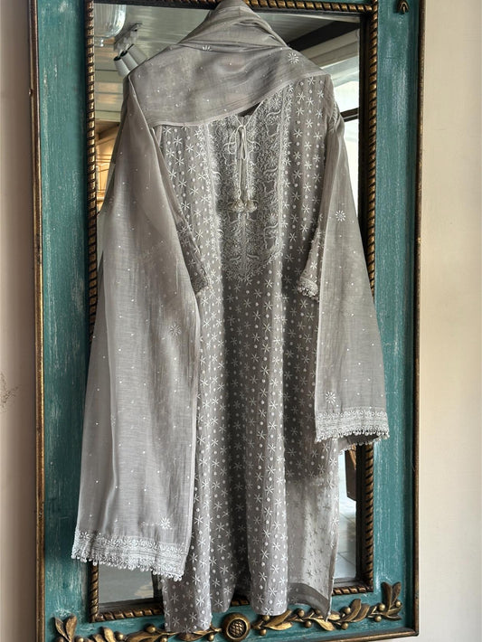 Grey Mulmul Pearl White Chikankari Ready to Wear Kurta Set