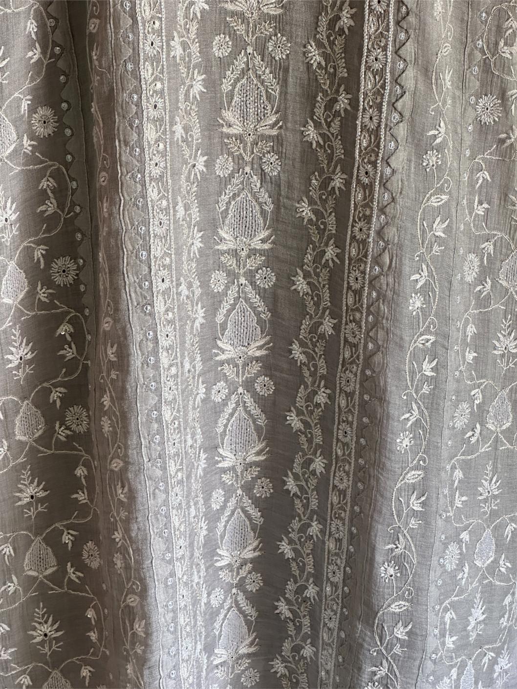 Grey Mulmul Pearl White Chikankari Ready to Wear Kurta Set