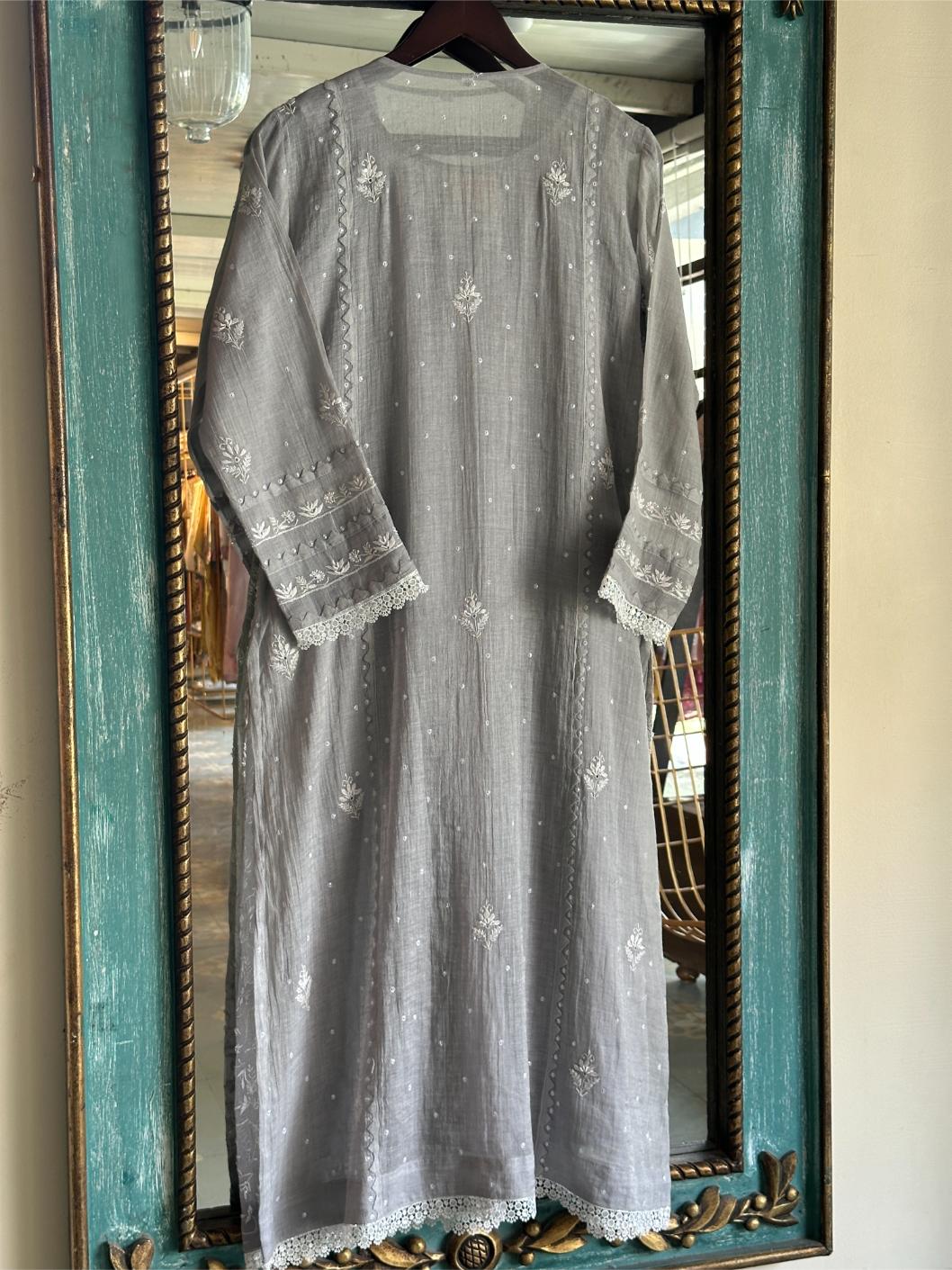 Grey Mulmul Pearl White Chikankari Ready to Wear Kurta Set