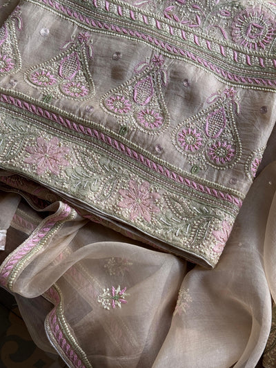 Grey Olive Organza Banarasi Silk Chikankari Unstitched Kurta Dupatta Set