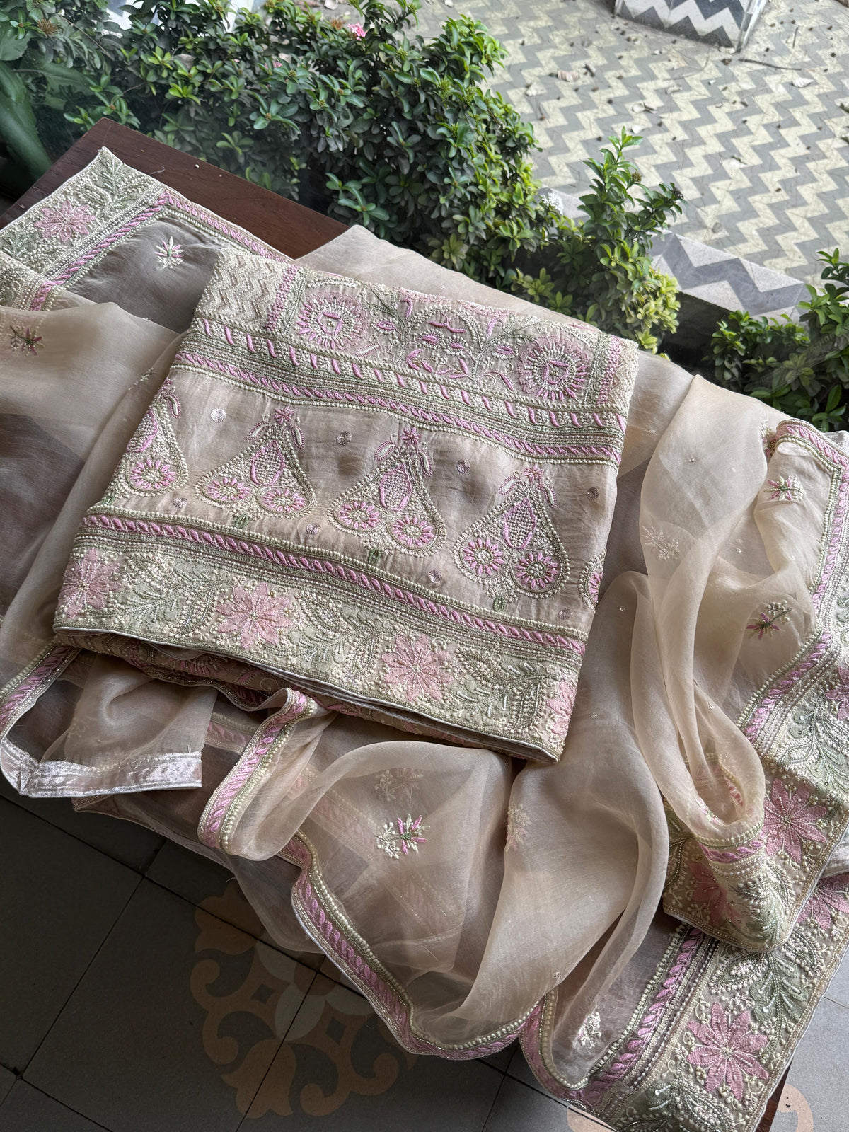 Grey Olive Organza Banarasi Silk Chikankari Unstitched Kurta Dupatta Set