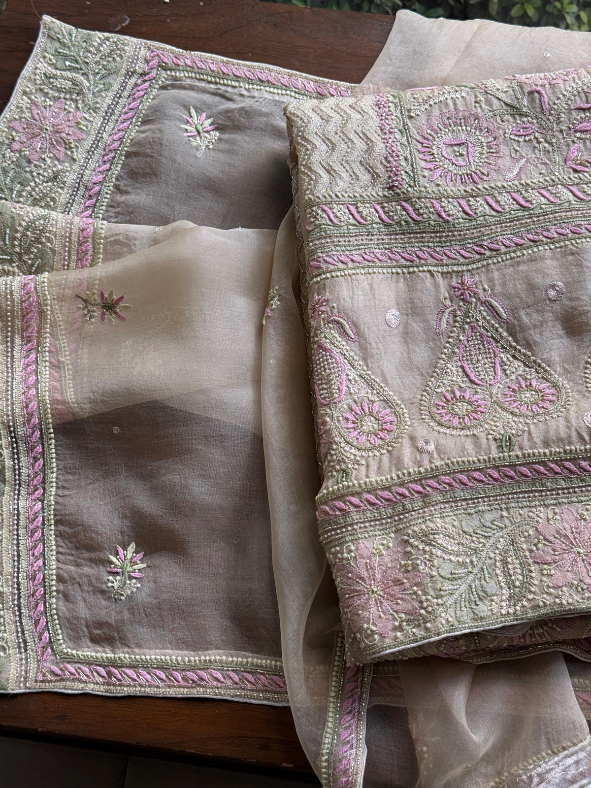 Grey Olive Organza Banarasi Silk Chikankari Unstitched Kurta Dupatta Set