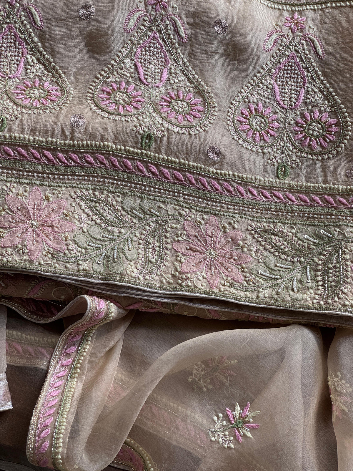 Grey Olive Organza Banarasi Silk Chikankari Unstitched Kurta Dupatta Set