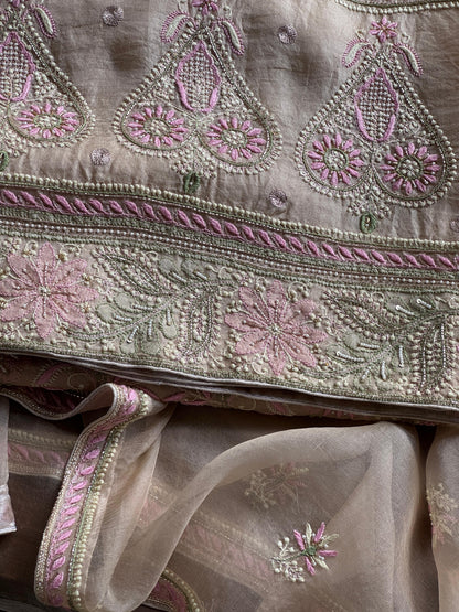 Grey Olive Organza Banarasi Silk Chikankari Unstitched Kurta Dupatta Set