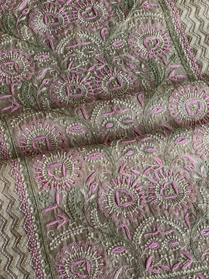 Grey Olive Organza Banarasi Silk Chikankari Unstitched Kurta Dupatta Set