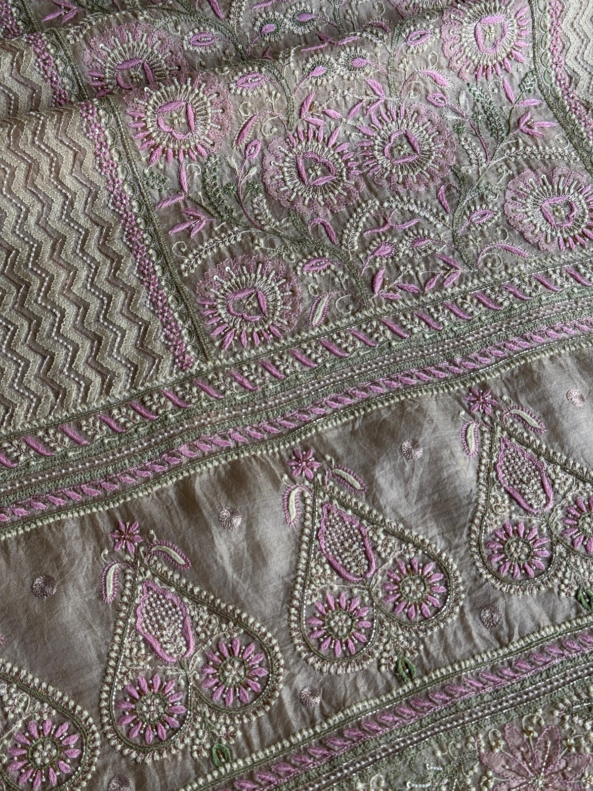 Grey Olive Organza Banarasi Silk Chikankari Unstitched Kurta Dupatta Set