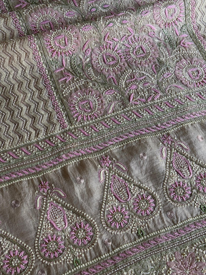 Grey Olive Organza Banarasi Silk Chikankari Unstitched Kurta Dupatta Set